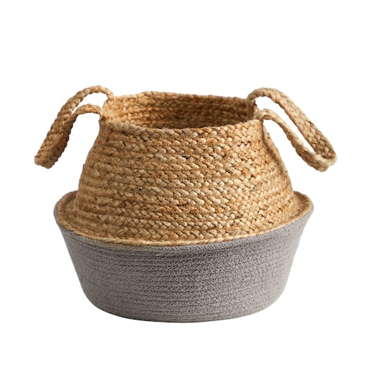 12&#x22; Boho Chic Handmade Cotton &#x26; Jute Gray Woven Basket Planter
